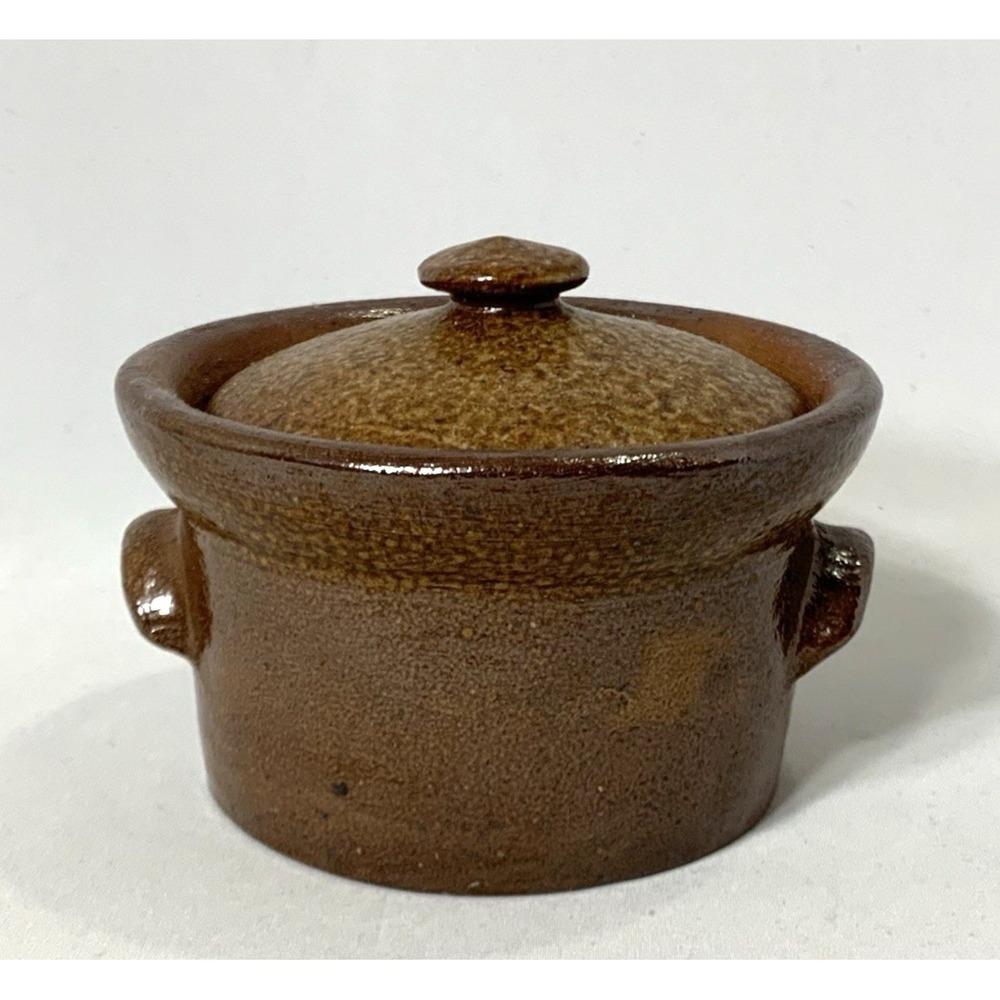 Pottery Crock Small Brown w/Lid Salt Glaze Made in Portugal 3.75" tall